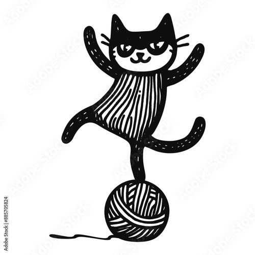 funny cat on a yarn ball doodle sketch