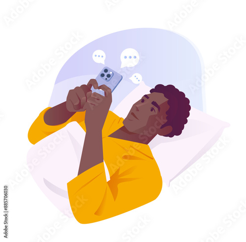 Social media user. Happy man with smartphone lying, chatting and sending messages to friends online. Character with internet addiction. Cartoon vector illustration isolated on white background