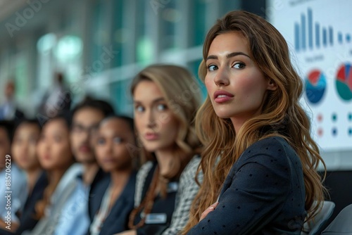 diverse group of businesspeople listening attentively as a confident businesswoman gives a presentation with charts and graphs on a whiteboard in a conference room.