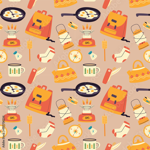 Seamless pattern with camping elements. Nature recreation, tourism and adventure.