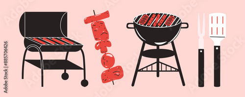 Barbecue set of vector illustrations with charcoal grill, kebab and cooking tool. BBQ set.