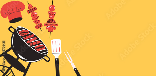 Yellow background with empty space and barbecue grill. Vector illustration