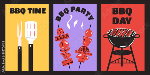 Set of vertical posters with BBQ party. Template vector design with Barbecue different  flyer.