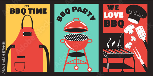 Set of vertical posters with BBQ party. Template vector design with Barbecue different  flyer.