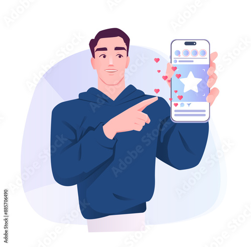 Social media user. Man points his finger at smartphone screen with posts and content from bloggers on social networks. Internet addiction. Cartoon vector illustration isolated on white background