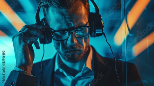 A man in a suit is wearing headphones and adjusting them with one hand while being illuminated by vivid, colorful lights in what appears to be a modern office setting.