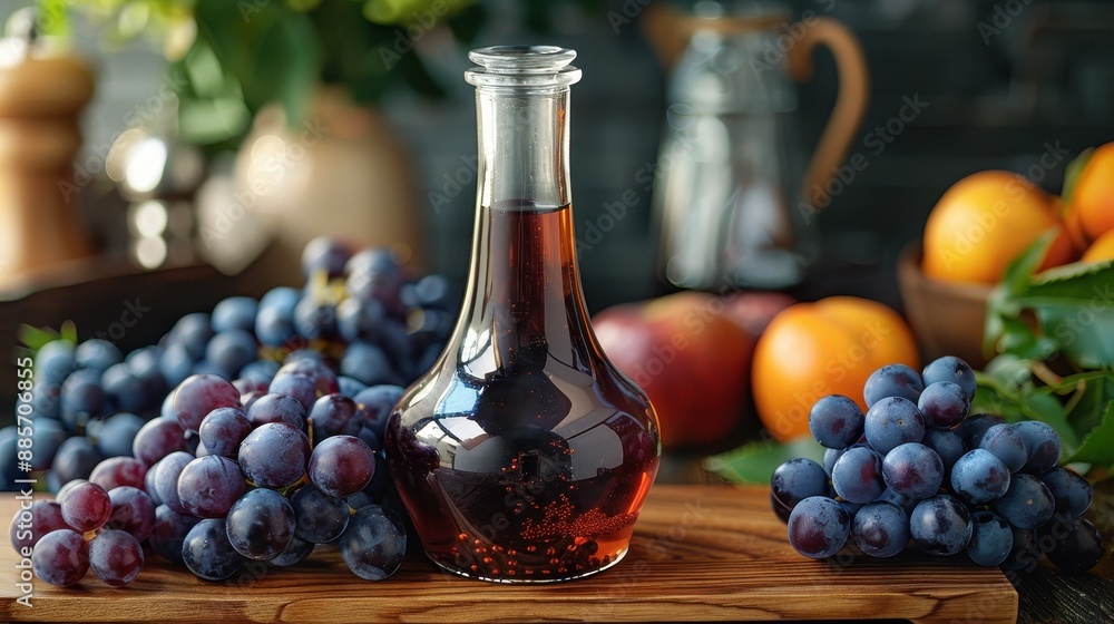 A bottle of Peruvian Chicha Morada surrounded by fresh grapes in a rustic kitchen setting, highlighting traditional beverage ingredients. A bottle of Peruvian Chicha Morada surrounded by fresh grapes in a rustic kitchen setting, highlighting traditional beverage ingredients.