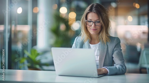 A professional woman in glasses and a blazer working on her laptop in a modern, bright office setting with a blurred background.