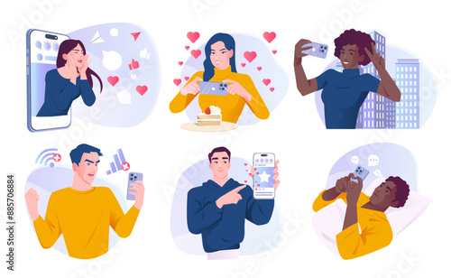 Set of social media users. Men and women with internet addiction. Characters use smartphones, chat online, take selfies and post content on social networks. Cartoon vector isolated illustrations