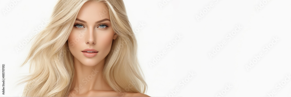 Flawless blonde with an elegant hairstyle of long hair on a white background with copy space. Flawless blonde with an elegant hairstyle of long hair on a white background with copy space.