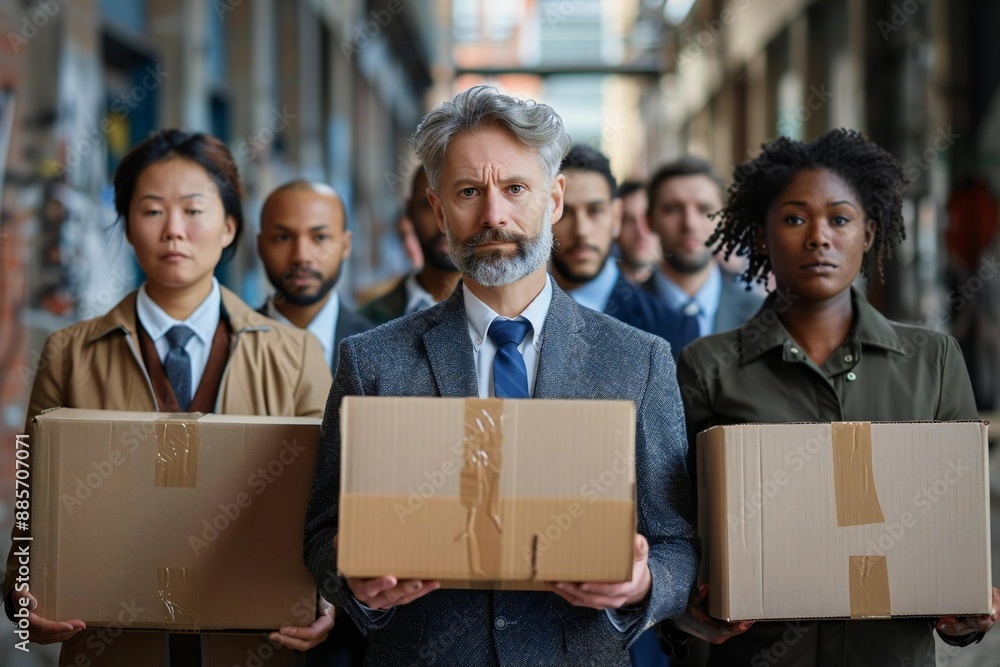 diverse group of businesspeople standing in a line holding cardboard boxes, symbolizing unemployment and the impact of layoffs on a multicultural team. diverse group of businesspeople standing in a line holding cardboard boxes, symbolizing unemployment and the impact of layoffs on a multicultural team.