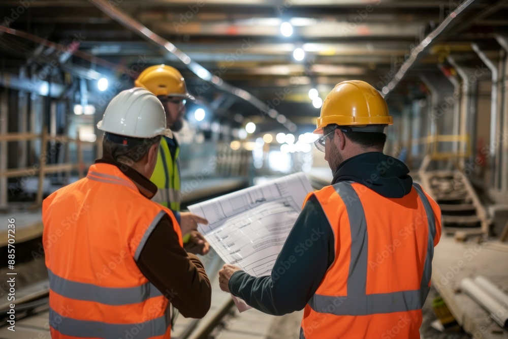 Engineers and Construction Workers Reviewing Blueprints in Partially Constructed Subway Station Engineers and Construction Workers Reviewing Blueprints in Partially Constructed Subway Station