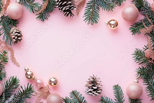 ?hristmas frame. pink xmas background with pine tree branches gold snowflakes balls garland. ?hristmas frame greeting card template banner mockup.