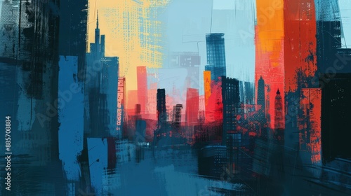 an abstract painting of a city street at sunset photo