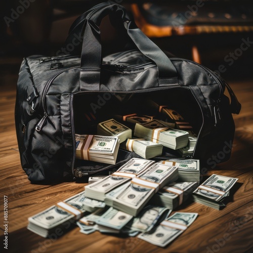 a duffel bag filled with money on a wooden floor