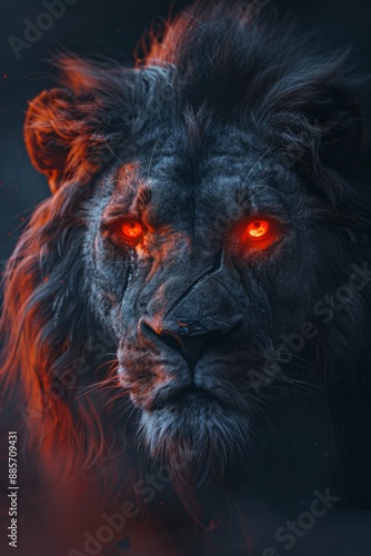 Illustration of the head of a lion with red eyes and a sinister appearance. Fierce lion with red eyes and scars on his face. photo