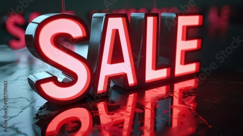 a red sale sign is illuminated in front of a dark background