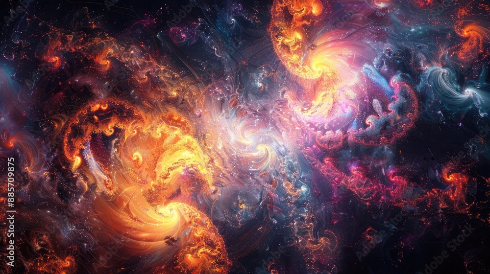 An abstract fantasy illustration with radiant, glowing colors forming intricate patterns and shapes, creating a magical atmosphere. An abstract fantasy illustration with radiant, glowing colors forming intricate patterns and shapes, creating a magical atmosphere.