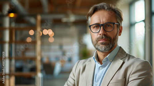 40 year old executive man, minimalist office background 