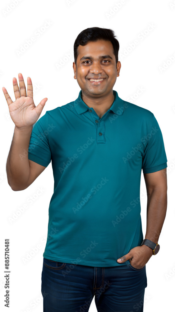 A man in a navy blue polo shirt smiles and waves. A man in a navy blue polo shirt smiles and waves.