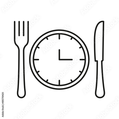 Meal Time Line Icon, Clock With Knife And Fork, Restaurant, Culinary, Dining Concept. Isolated Vector Illustration