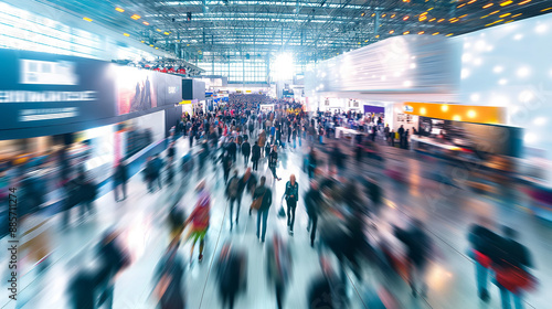 Blur image of a large group of people walking around a convention center, exhibition with many different stands. The background is blurred and there are lights on the ceiling