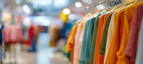 Shopping in a boutique with fashionable clothes displayed on hangers for sale, featuring a blurred background of various market offerings