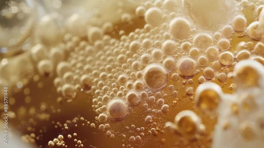 Close-up view of effervescent bubbles rising in amber liquid, possibly soda or beer. The image was taken in bright lighting, capturing the bubbly texture and golden hue. The mood is refreshing and Close-up view of effervescent bubbles rising in amber liquid, possibly soda or beer. The image was taken in bright lighting, capturing the bubbly texture and golden hue. The mood is refreshing and