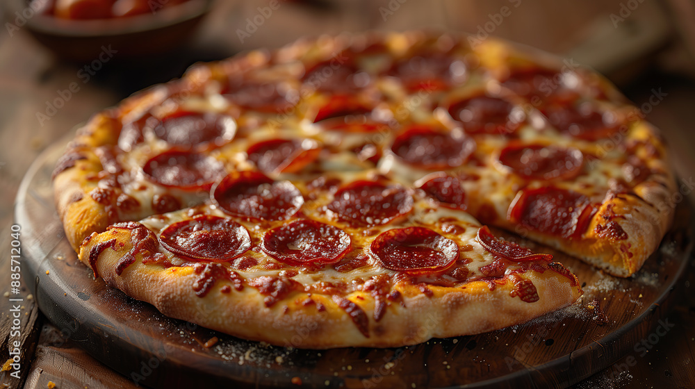 Close up of a piece of pepperoni pizza, on a wooden pizza paddle Close up of a piece of pepperoni pizza, on a wooden pizza paddle