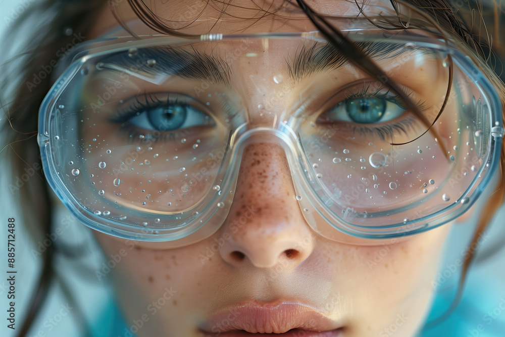 Close up portrait of a young woman with protective goggles on Close up portrait of a young woman with protective goggles on