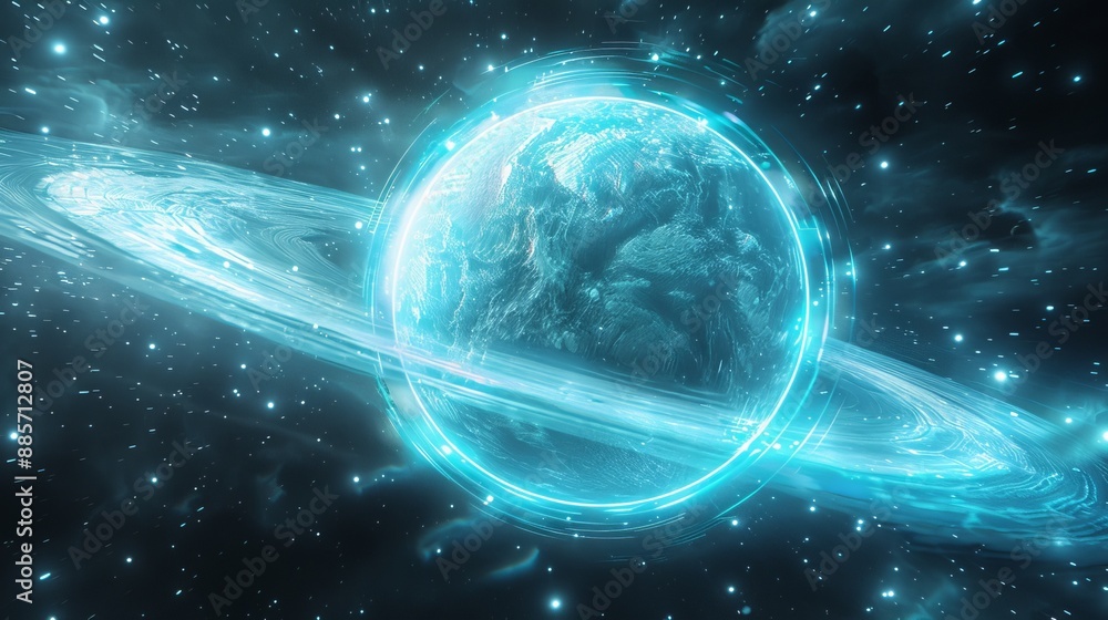 Obraz premium A radiant blue planet surrounded by illuminating rings, set against a star-filled cosmic background, creating a sense of wonder and the vastness of the universe.