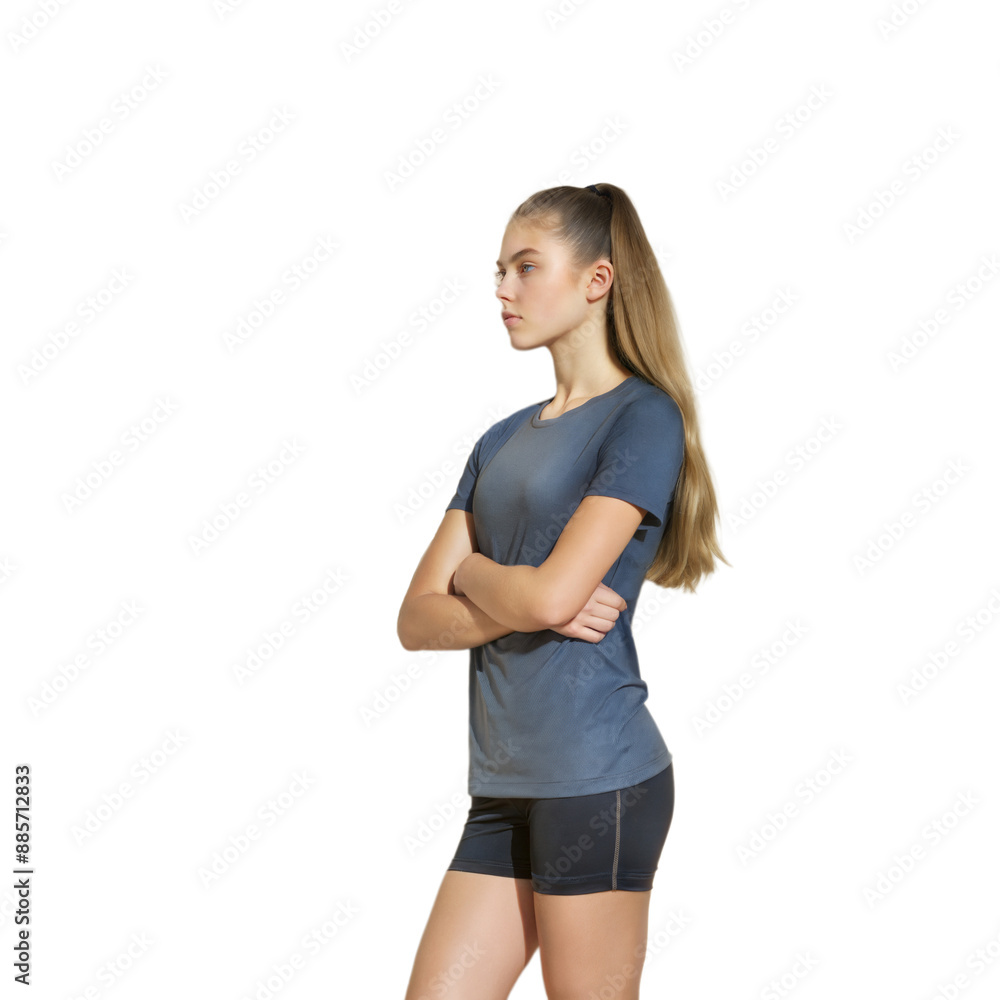 Young Woman Standing With Arms Crossed, Wearing a Blue T-Shirt and Black Shorts Young Woman Standing With Arms Crossed, Wearing a Blue T-Shirt and Black Shorts