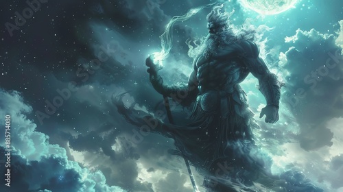 Wallpaper Mural A mighty god stands with a staff against a captivating cosmic background, showcasing his formidable presence and dominion over the celestial realm. Torontodigital.ca