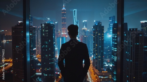 Fototapeta Naklejka Na Ścianę i Meble -  A person gazing out at the city skyline at night