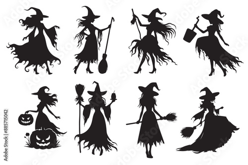 Set of halloween silhouettes icon and character. Vector illustration. Isolated on white background.