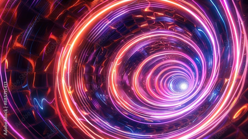 An enchanting neon wave artwork with spiraling, circular paths of luminescent lines forming a captivating and dynamic background. An enchanting neon wave artwork with spiraling, circular paths of luminescent lines forming a captivating and dynamic background.