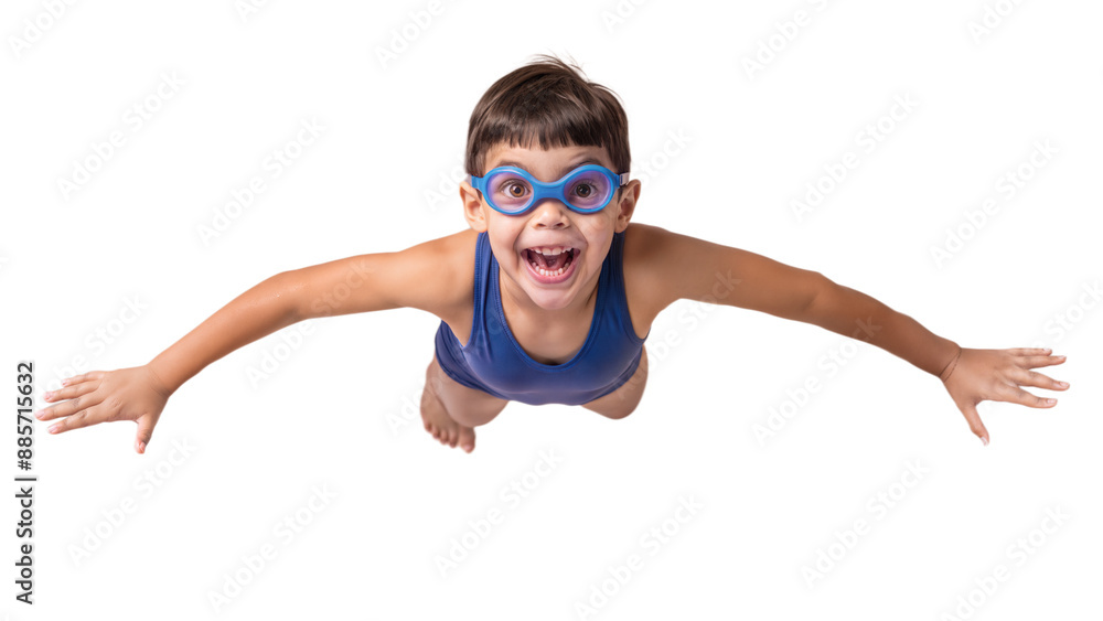 Smiling Boy Wearing Swim Goggles and a Blue Swimsuit in a Diving Pose