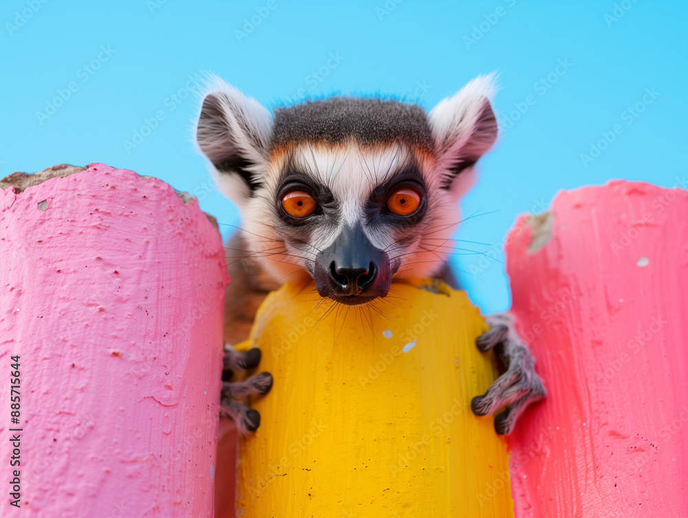 Curious Lemur Looking Out From Behind Bright Colors Curious Lemur Looking Out From Behind Bright Colors