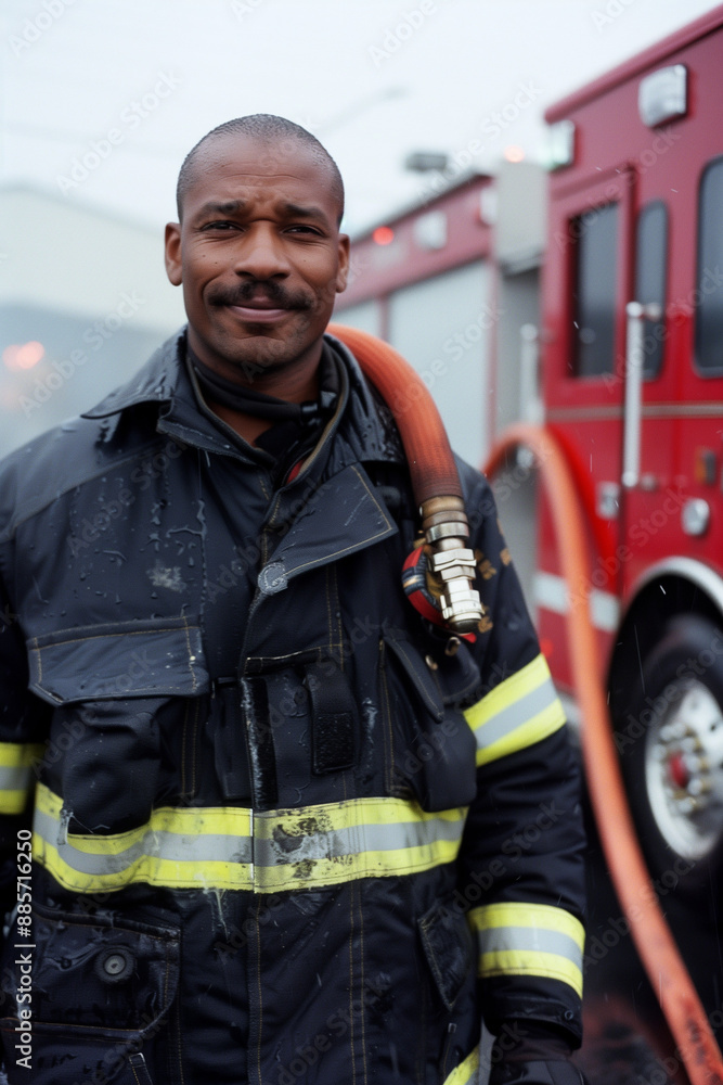 Firefighter Standing in Front of Fire Engine Firefighter Standing in Front of Fire Engine