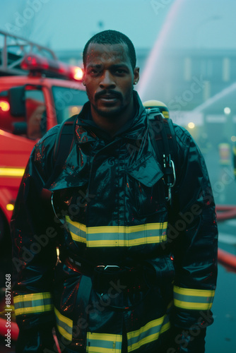 Firefighter Standing in Front of Fire Truck