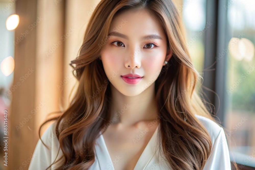 A beautiful young Asian woman with long hair wearing a white top,generative ai A beautiful young Asian woman with long hair wearing a white top,generative ai