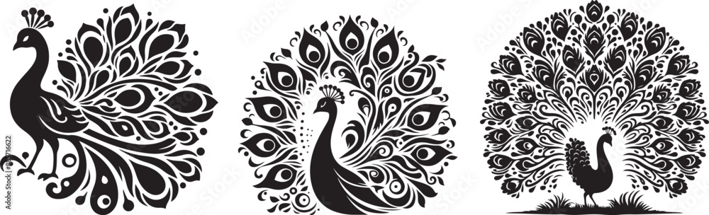 Peacock silhouette vector illustrations with a solid white background Peacock silhouette vector illustrations with a solid white background