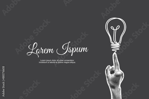 Trendy Halftone Collage Hand hand points to lightbulb drawn in a continuous one line. Creative mind or brainstorm. Create creative idea concept. Business solutions. Think outside the box.