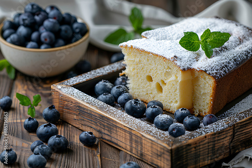 Homemade plum cake with yougurt and berry, rustic style and selective focus