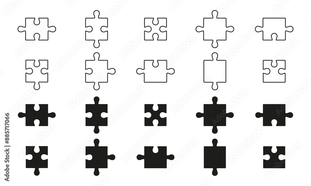 Naklejka premium Collection Puzzle Pieces Fit Line and Silhouette Icon. Parts of Puzzle Icons Set. Editable Stroke. Isolated Vector Illustration