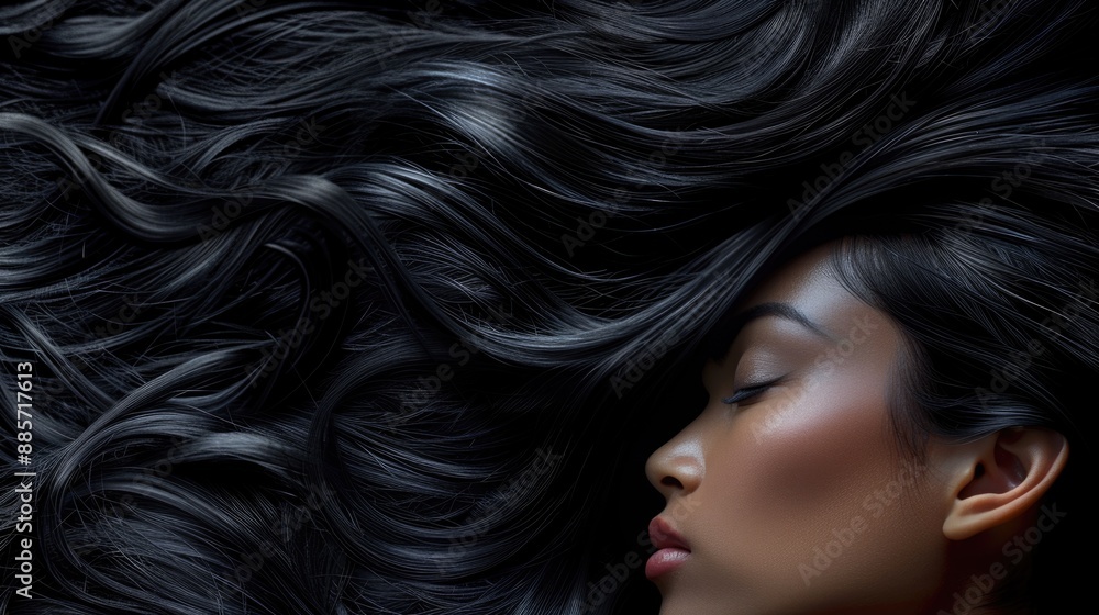 A woman with long black hair is lying down, possibly in a relaxed or sleeping position A woman with long black hair is lying down, possibly in a relaxed or sleeping position