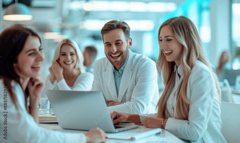 Happy Businesspeople Collaborating on a Project - Modern Office with Large Windows Happy Businesspeople Collaborating on a Project - Modern Office with Large Windows