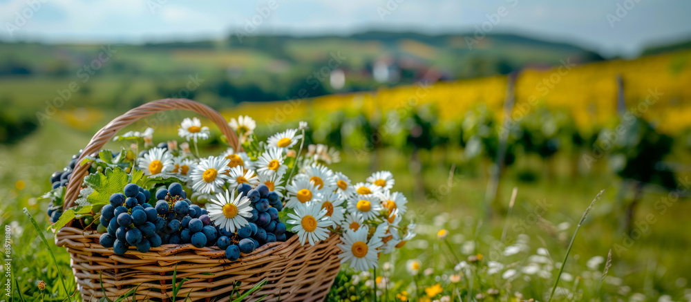 Basket of with grapes and flowers in beautiful Italian scenery, harvest time Basket of with grapes and flowers in beautiful Italian scenery, harvest time