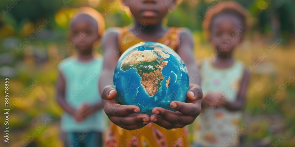 Two kids holding a small globe, symbolizing world awareness and education Two kids holding a small globe, symbolizing world awareness and education