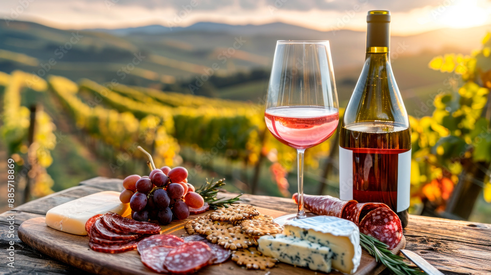 Fototapeta premium Wine, charcuterie and cheese served on rustic table, rolling hills with vineyards in the background